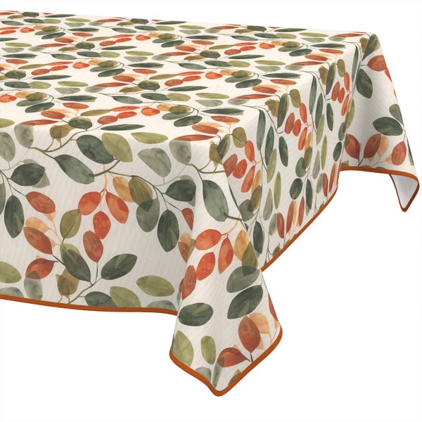 Eckige Tischdecke mit herbstlichem Blättermuster in Grün und Orange und kontrastierendem Rand.