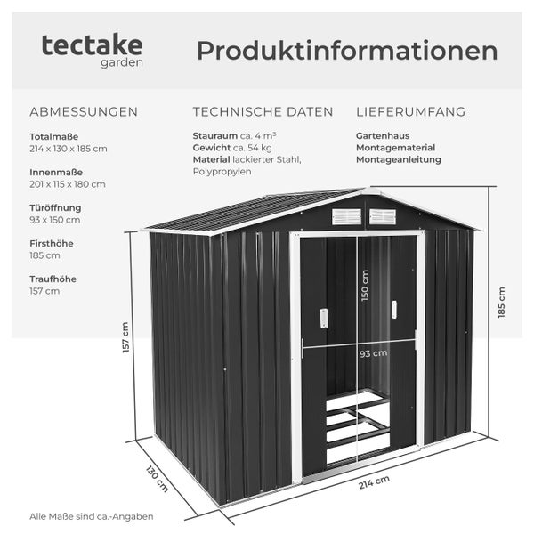 Tectake Logo. Gartenhaus aus lackiertem Stahl mit Maßen 214 mal 130 mal 185 Zentimeter und technischen Daten zu Größe und Material.