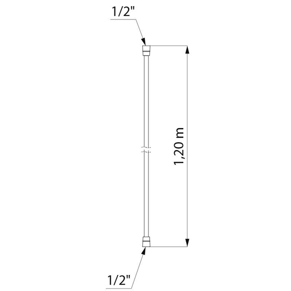 Maßzeichnung eines Brauseschlauchs mit einer Länge von 1,20 Meter und beidseitigen Anschlüssen von 1/2 Zoll.
