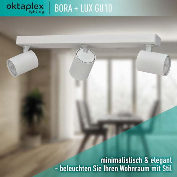 Bora Deckenstrahler 3-flammig GU10 LED Leuchtmittel 400lm 2700K warmweiß schwenkbar Spotbalken für Decken und Wände weiß