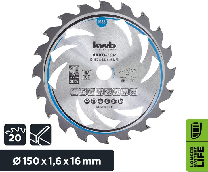 kwb Kreissägeblatt 150 x 16 mm, leichtgängig, speziell für Akkumaschinen, Sägeblatt geeignet für Weich- und Hartholz, Tischlerplatten und Spanplatten