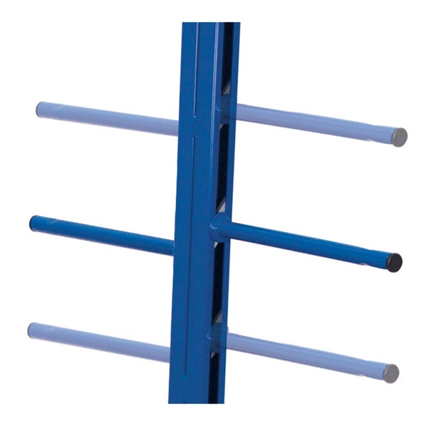 Detailansicht eines blauen Kragarmregals aus Metall mit horizontalen Lagerarmen.