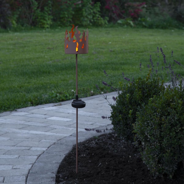 Dekorative Gartenfackel mit Flammendesign und Solarpanel zur Beleuchtung von Außenbereichen.