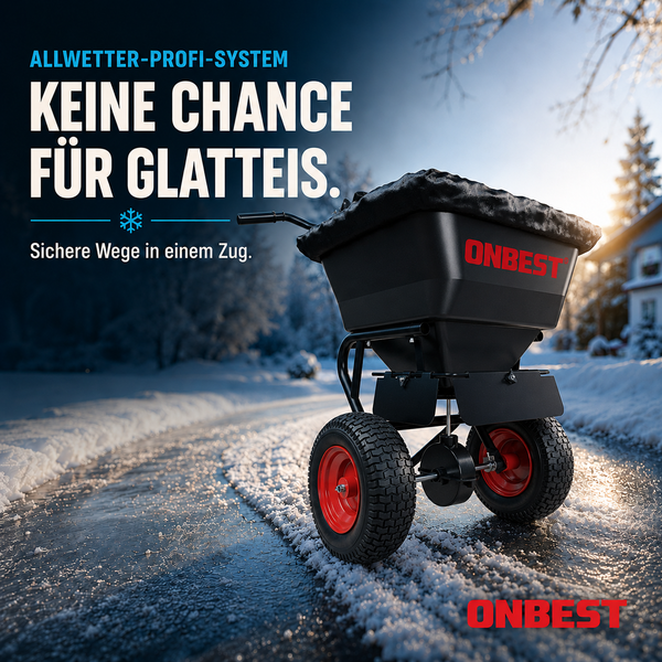 ONBEST Streuwagen auf einem vereisten Weg im Winter. Professionelles System zur Glatteisbekämpfung. ONBEST Logo.