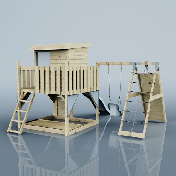 Spielturm aus Holz mit Spielhaus, Balkon, Leiter, Sandkasten, Rutsche, Schaukel und Kletternetz.