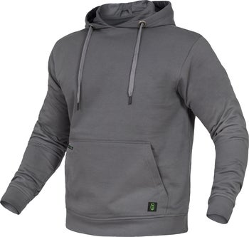 Grauer Kapuzenpullover mit Kängurutasche, Kapuze mit Kordelzug und gerippten Bündchen.