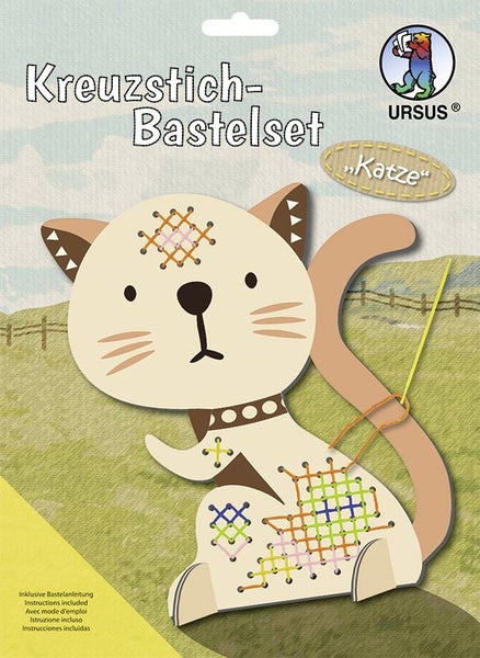 URSUS Sticken Kreuzstich-Bastelset Katze Inhalt: 1 Tier-Motivaufsteller zum Sticken, Motivgröße: 21 x 18 cm, Garn in 5 verschiedenen Farben, ca. 8 m pro Garn, 1 Plastiknadel und Bastelanleitung, URSUS