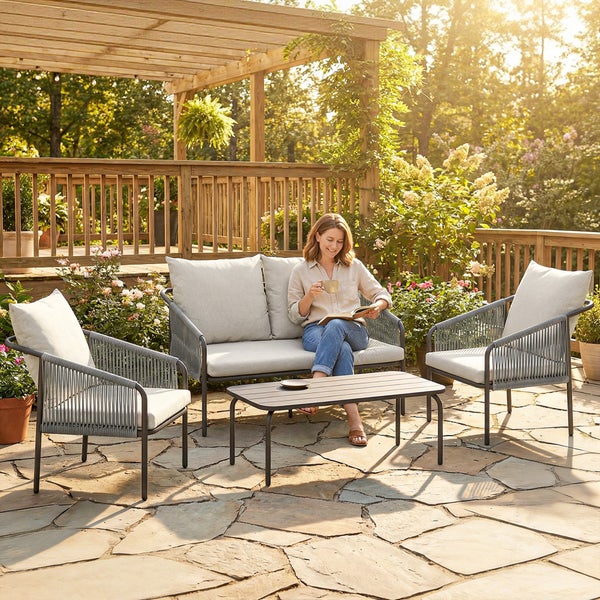 Modernes Garten-Lounge-Set auf Steinterrasse mit Sofa, Sesseln und Metalltisch, Seilbespannung und Polstern, mit einer lesenden Frau.