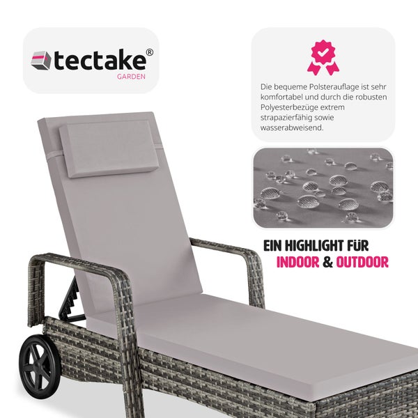 Rattan Sonnenliege tectake Cassis 196 x 72 x 57 - 94,5 cm mit Aluminiumgestell grau