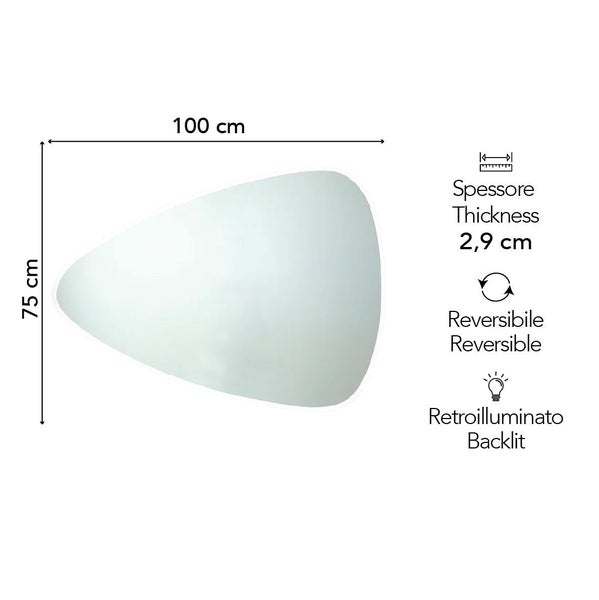 Asymmetrischer Spiegel mit Abmessungen von 100 Zentimeter mal 75 Zentimeter, Stärke 2,9 Zentimeter, wendbar und hintergrundbeleuchtet.