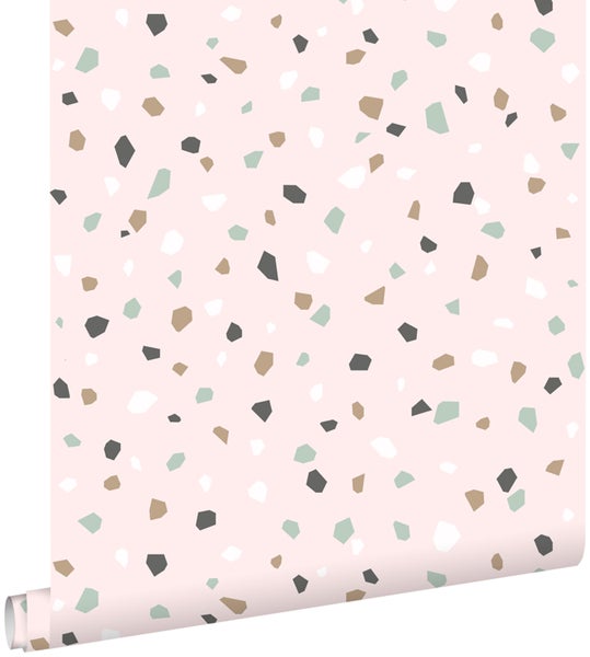 ESTAhome Tapete Terrazzo-Motiv Hellrosa, Weiß und Mintgrün - 53 cm x 10.05 m - 139035