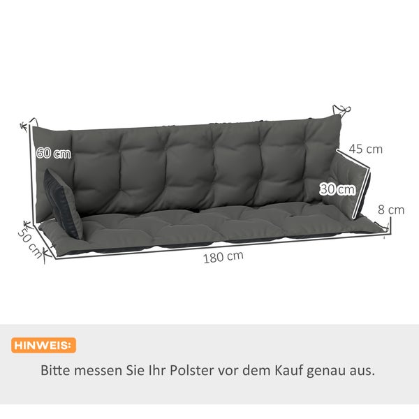 Outsunny 3 Sitzer Bankauflage 180x110x8 cm Bankkissen mit Bändern, Sitzkissen, Outdoor/Indoor Stuhlkissen, Sitzauflage, Sitzpolster, Bankpolster für Gartenmöbel, Hollywoodschaukel, Dunkelgrau+Schwarz