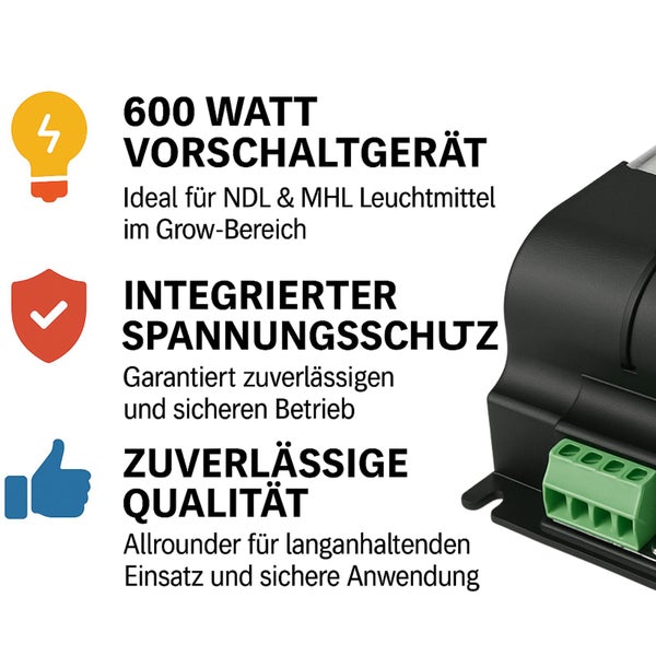 600 Watt Vorschaltgerät mit Symbolen für Grow-Bereich, Spannungsschutz und Qualität