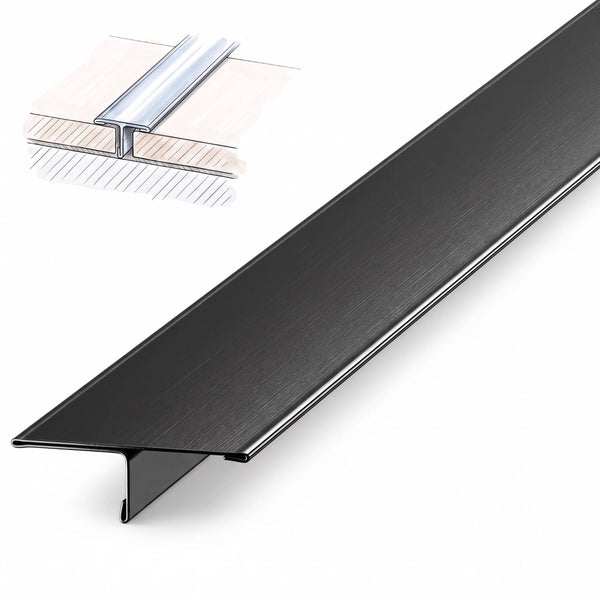 T-Profil aus Metall für Bodenbeläge inklusive Anwendungsskizze zur Montage zwischen zwei Bodenplatten