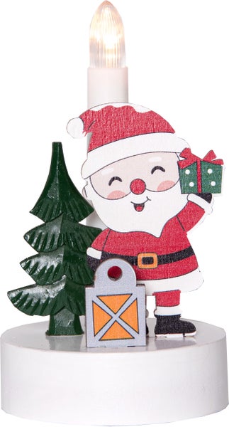 Dekorative Weihnachtskerze mit Weihnachtsmann, Baum und Laterne