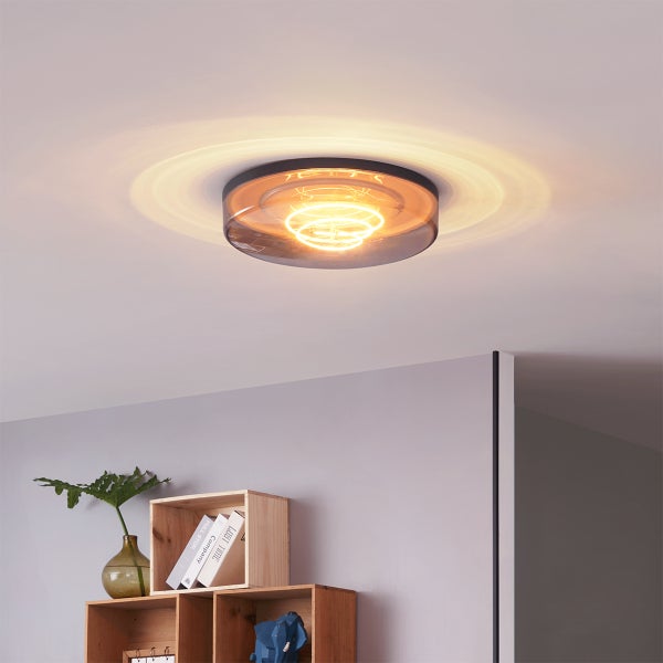 Deckenleuchte Schwarz mit Rauchglas 35,5 cm inklusive dimmbarer LED - Fira
