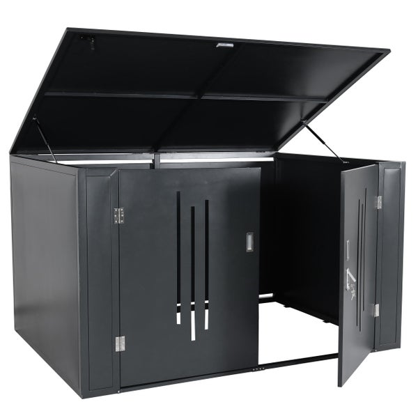 Fahrradbox aus Metall mit geöffneter Tür und hochgeklapptem Deckel, im Inneren ein Fahrrad