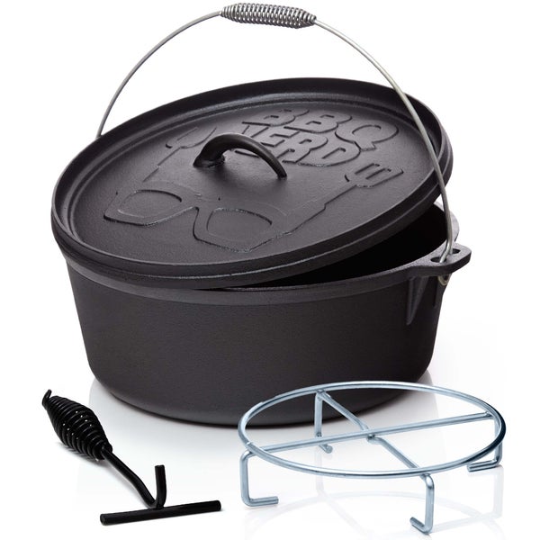 BBQ-Nerd Dutch Oven Starter 10,7L mit Ständer| bereits eingebrannt - preseasoned | Gusseisen Feuertopf, Bräter mit Deckel inkl. Deckelheber | Feuerfester Grill & Camping Kochtopf, Grilltopf