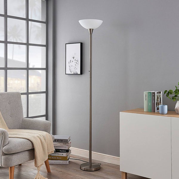 Lindby Stehlampe / Deckenfluter Metall Glas, Standleuchte Nickel satiniert Stehleuchte 1 flammig E27 Fassung max. 60W ohne Leuchtmittel