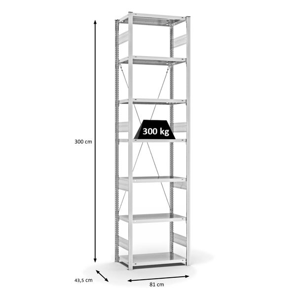 PROREGAL Fachbodenregal Stecksystem T-Profil Heavy-Duty Grundregal HxBxT 300 x 75 x 40 cm 7 Ebenen Fachlast 300 kg Einseitig Nutzbar Lichtgrau