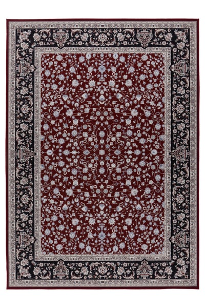Rechteckiger Teppich im Orientdesign mit floralen Mustern und detaillierter Bordüre.