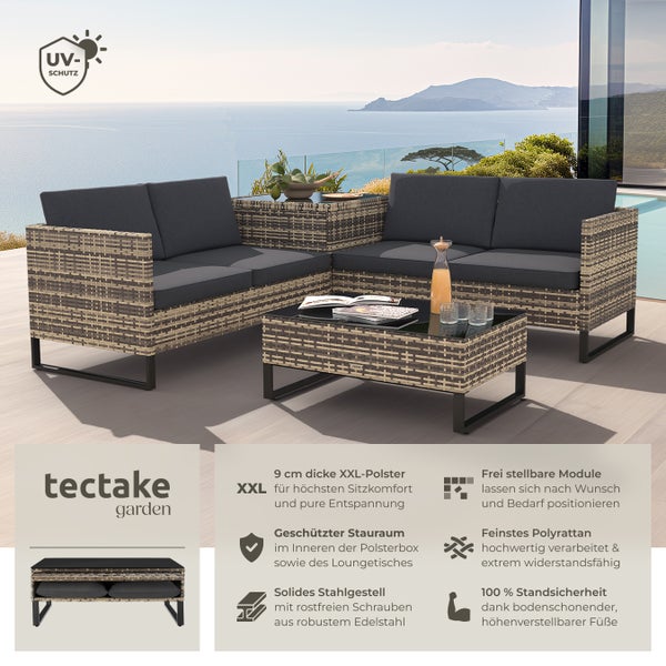 Rattan Lounge tectake Ostuni mit Sicherheitsglasplatte für 4 Personen natur