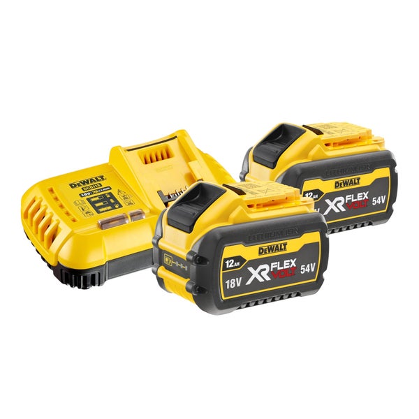 Dewalt Ladegerät DCB118 und zwei 18 Volt beziehungsweise 54 Volt Flexvolt Lithium Ionen Akkus mit 12 Amperestunden Kapazität