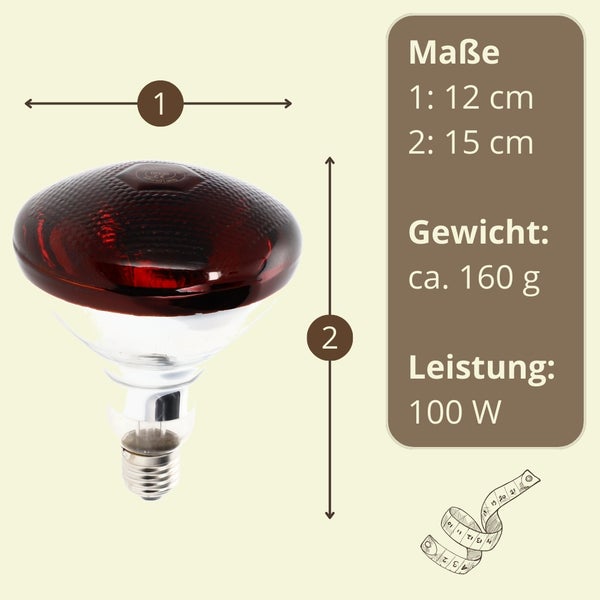 Infrarotlampe mit technischen Daten: 12 Zentimeter Durchmesser, 15 Zentimeter Höhe, circa 160 Gramm Gewicht und 100 Watt Leistung.