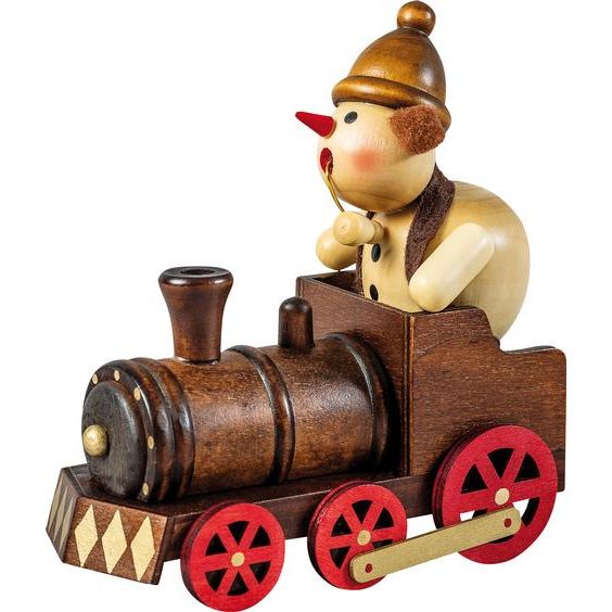 Weihnachtsdekoration aus Holz, ein Schneemann als Lokomotivführer in einer Dampflokomotive für Räucherkerzen.