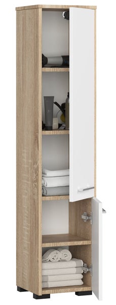 Badezimmerschrank mit Regalen und zwei Türen zur Aufbewahrung von Badartikeln und Handtüchern