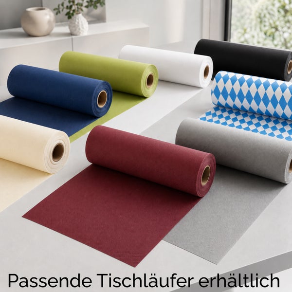 Verschiedene Vlies Tischläufer Rollen in diversen Farben und Mustern für die Tischdekoration.