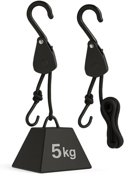 Zwei schwarze Seilratschen mit Haken und einem Gewicht von 5 Kilogramm.