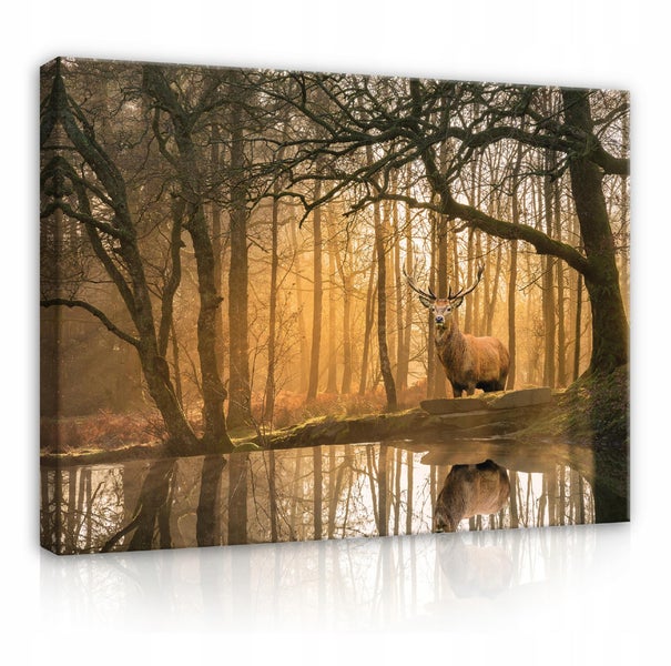 Leinwandbild Hirsch Wald Modern Bilder Wohnzimmer 100X70 cm