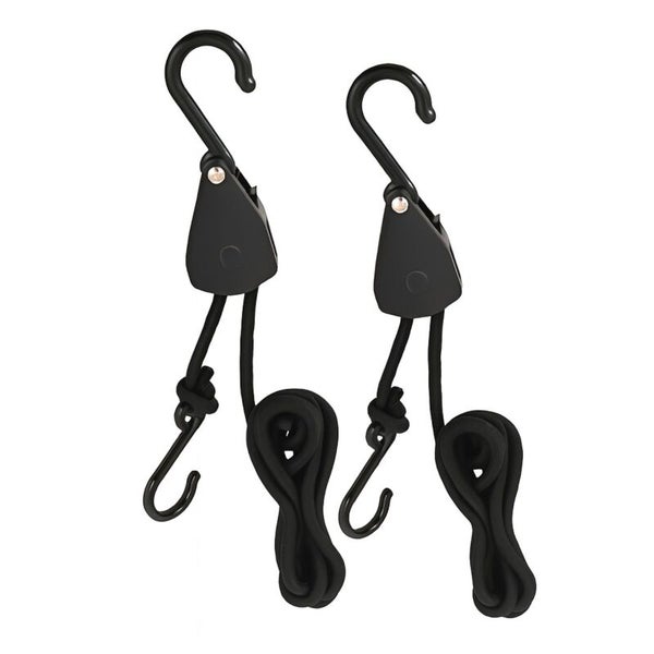 Zwei schwarze Seilratschen mit Haken und Seil zur stufenlosen Aufhängung von Lasten.