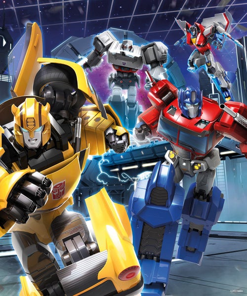 Szene mit Transformers Charakteren Bumblebee, Optimus Prime, Megatron und Starscream