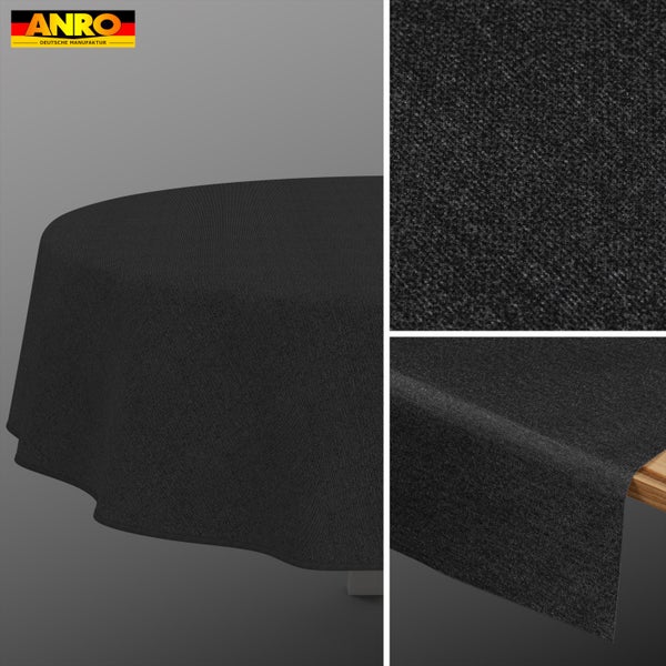 Anthrazitfarbene strukturierte Tischdecke mit feinem Gewebe, Anro Logo, Detailansicht der Materialstruktur und Kantenverarbeitung.
