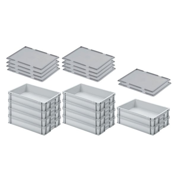 PROREGAL SuperSparSet 10x Eurobehälter mit Geschlossenem Griff und Auflagedeckel HxBxT 12 x 40 x 60 cm 21 Liter Grau Eurobox Transportbox