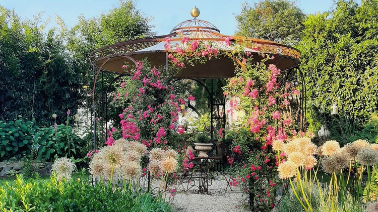 Pavillon ELEO Florenz Ø 3,7 m unbeschichtet - Edelrost | mit Dekorkugel und Sonnensegel ecru