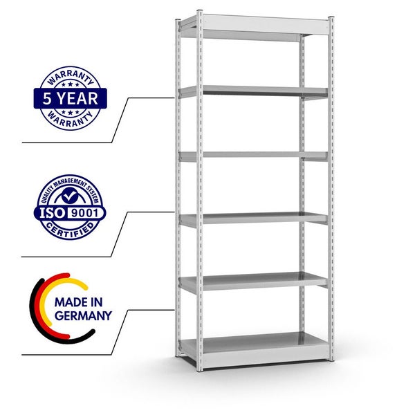 PROREGAL Fachbodenregal Stecksystem Vierkant-Profil Grundregal HxBxT 250 x 132,5 x 40 cm 6 Ebenen Einseitige Bauart Fachlast 200 kg Lichtgrau