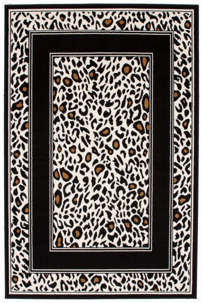 Rechteckiger Teppich mit Leopardenmuster und schwarzer Umrandung.