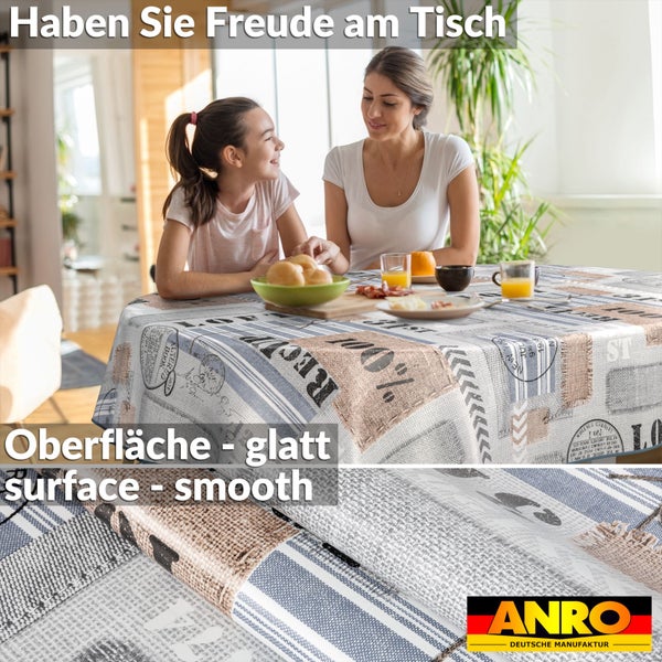 Szene mit Mutter und Tochter am Tisch mit glatter Tischdecke mit Motivdruck und ANRO Logo.