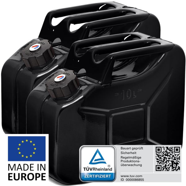 Zwei schwarze 10 Liter Kunststoffkanister mit Verschlussdeckel, inklusive Made in Europe Kennzeichnung und TÜV Rheinland Zertifizierung.