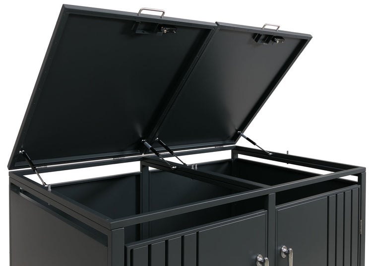 Mülltonnenbox mit zwei Behältern und geöffneten Deckeln