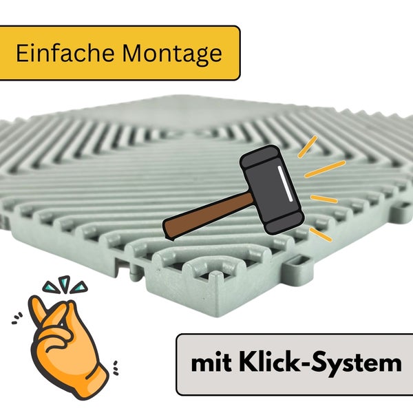 Bodenfliese aus Kunststoff mit Klick-System zur einfachen Montage, dargestellt mit einem Gummihammer.