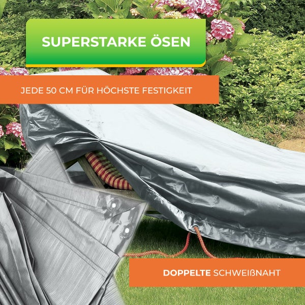Abdeckplane für Gartenmöbel mit verstärkten Ösen alle 50 Zentimeter und doppelter Schweißnaht über einer Gartenliege.