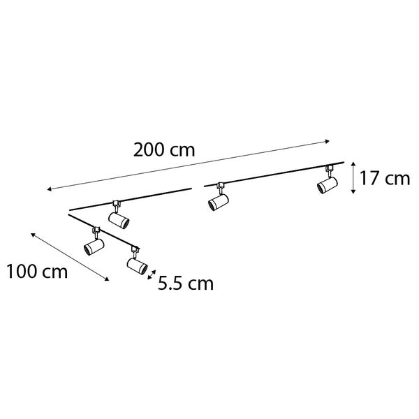 Maßskizze eines Schienensystems mit 5 Strahlern: Länge 200 Zentimeter, Breite 100 Zentimeter, Höhe 17 Zentimeter, Strahler-Durchmesser 5,5 Zentimeter.