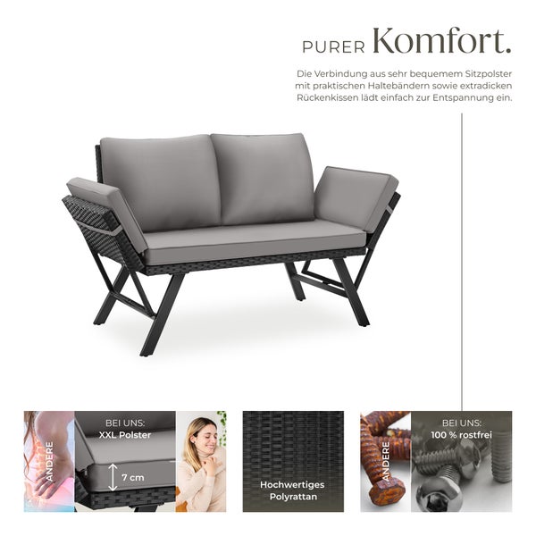 Rattan-Loungesofa tectake Sintra 157 x 61 x 89 cm 2in1 Funktion hellgrau/schwarz
