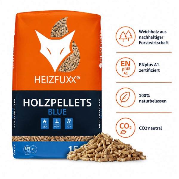 15 Kilogramm Sack Heizfuxx Blue Holzpellets, ENplus A1 zertifiziert, aus nachhaltiger Forstwirtschaft, 100 Prozent natürlich und CO2 neutral.