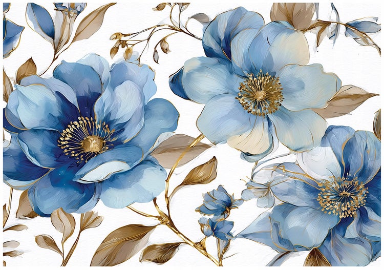 Blumenmuster mit blauen Blüten und goldenen Akzenten