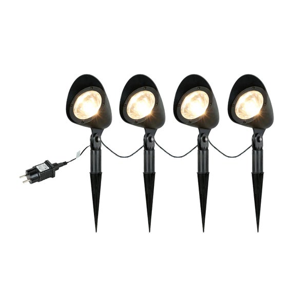 Vier Gartenstrahler mit Erdspieß und Transformator